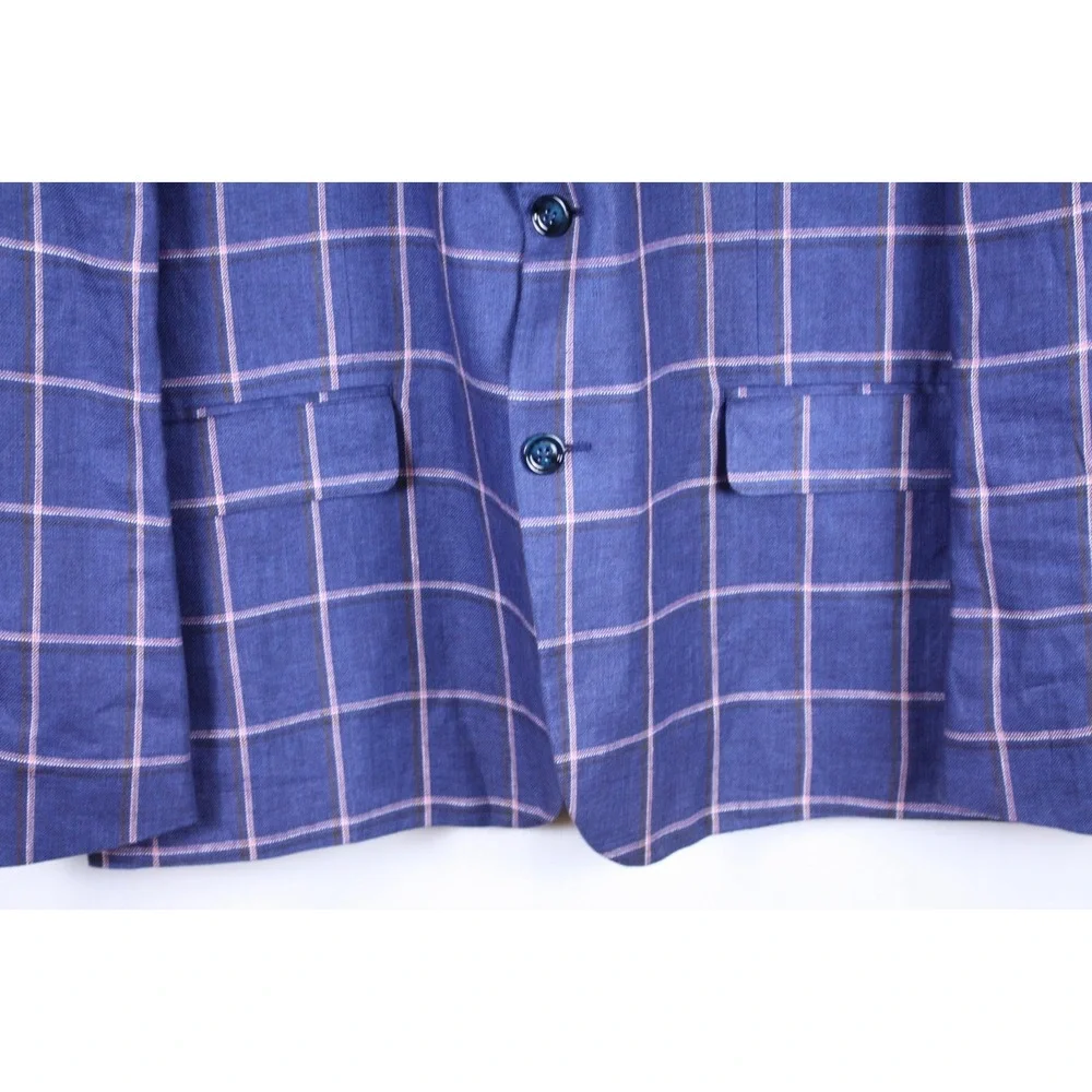 Tallia Mens Sport Coat Blue Linen Size 46R Two-Button Closure Windowpane Jacket